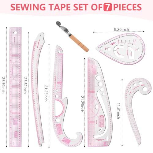 KISEER 7 Pcs Clear Metric Sewing Ruler Set French Curve Pattern Making Ruler Kit for Knitting Tailors Crafting Dress Designers Sewing Beginner Supplies - Image 3