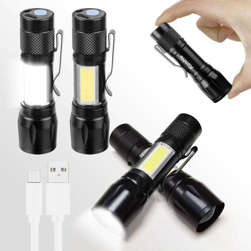 KunHe 4 Pack Rechargeable Flashlights USBC mini Small LED Lantern Flashlights Bright ClipOn Light EDC Flash Light with Side COB Light for Camping Home Emergency Stocking Stuffers