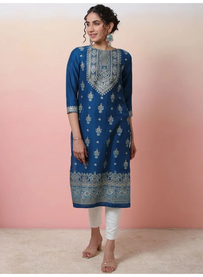 أيه كيه إس Navy Blue Foil Placement Print Viscose Straight Kurta