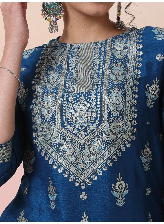 أيه كيه إس Navy Blue Foil Placement Print Viscose Straight Kurta