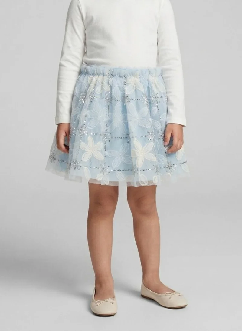 بيبي كلو Girls Blue Floral Sequin Tulle Party Skirt