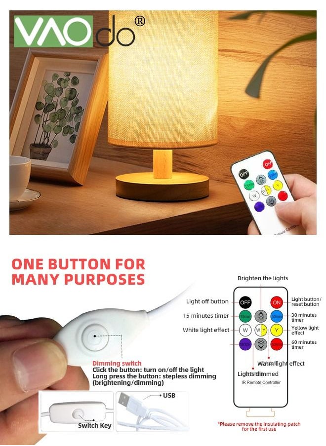 VAOdo - 3 Colors Fabric Table Lamp USB Rechargeable Small Bedside Lamp with Remote Control Solid Wood Base Ephedra Shade Home Decor Table Lamp - Image 1