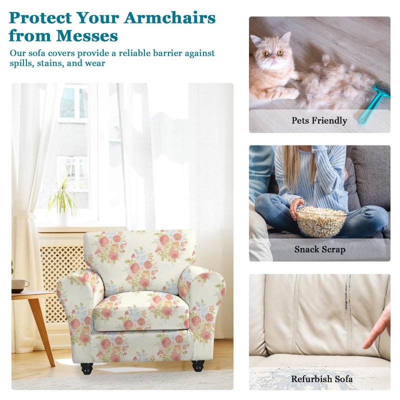FUANGUI 2 Piece Chair Covers Stretch Arm Covers Chair Couch Covers, Armchair Slipcover with Separate Chair Cushion Cover, Floral Washable Chair Protector for Living Room (Armchair, Rose Pattern) - Image 5