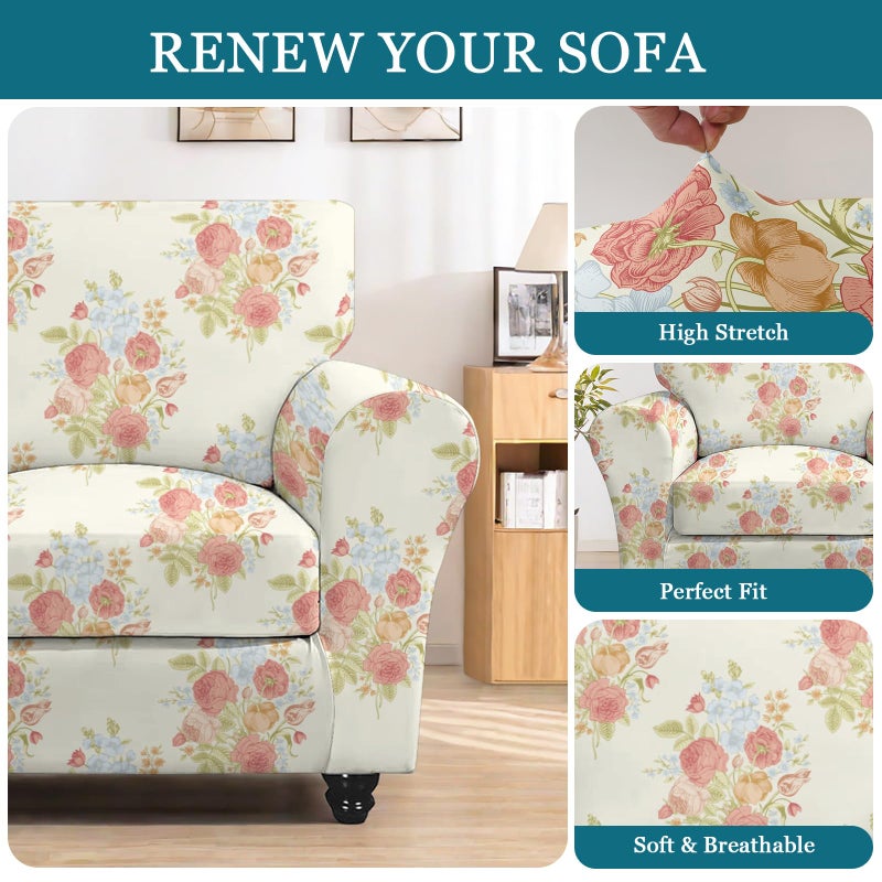 FUANGUI 2 Piece Chair Covers Stretch Arm Covers Chair Couch Covers, Armchair Slipcover with Separate Chair Cushion Cover, Floral Washable Chair Protector for Living Room (Armchair, Rose Pattern) - Image 3