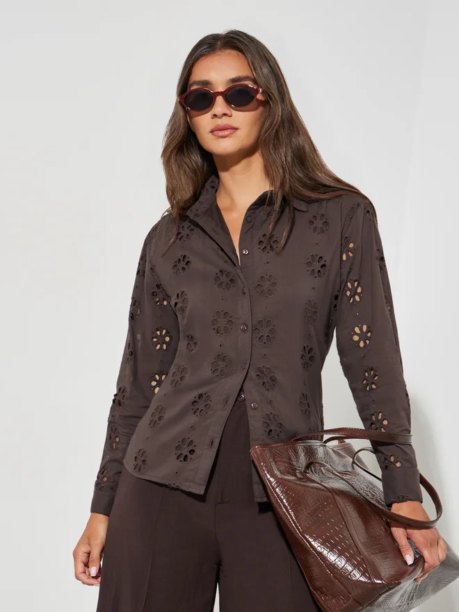 Styli Styli Brown Embroidered Long Sleeve Shirt