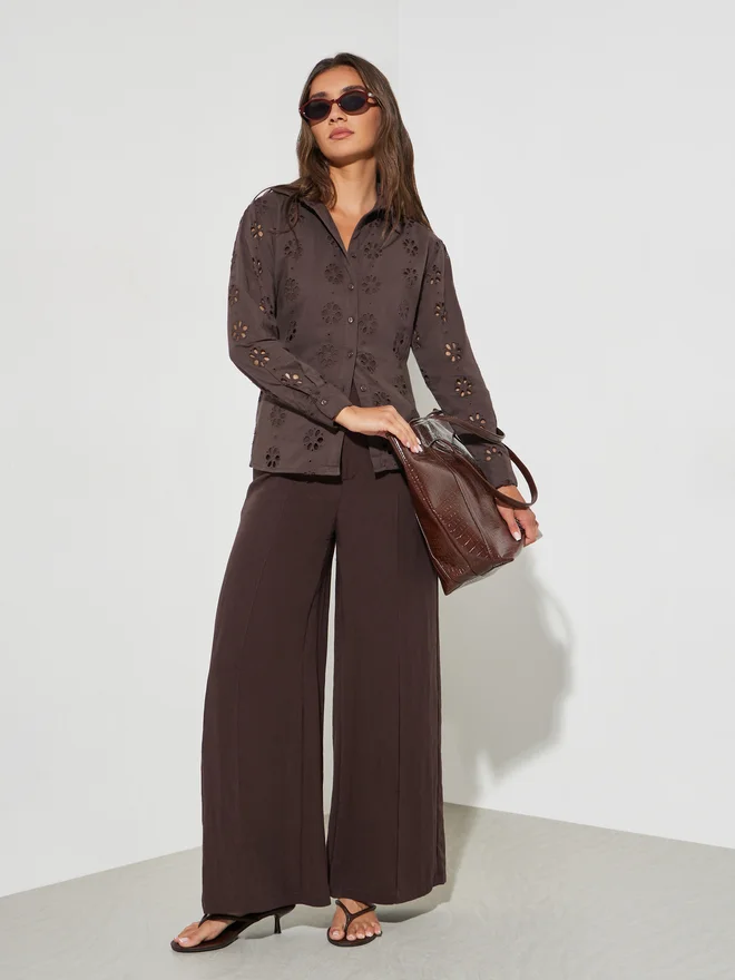 Styli Styli Brown Embroidered Long Sleeve Shirt