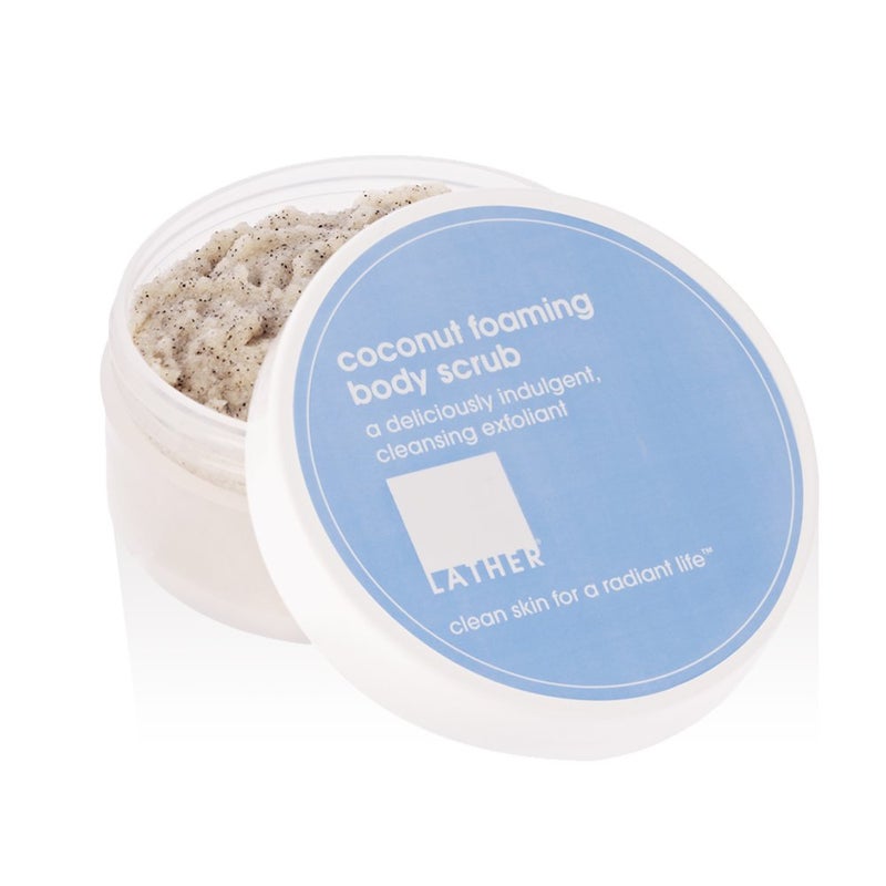 LATHER Coconut Foaming Body Scrub  Gentle Exfoliating  Hydrating Scrub for All Skin Types  Leaves Soft  Smooth Skin  Scrub for the Body Hands  Feet  4 Oz Jar