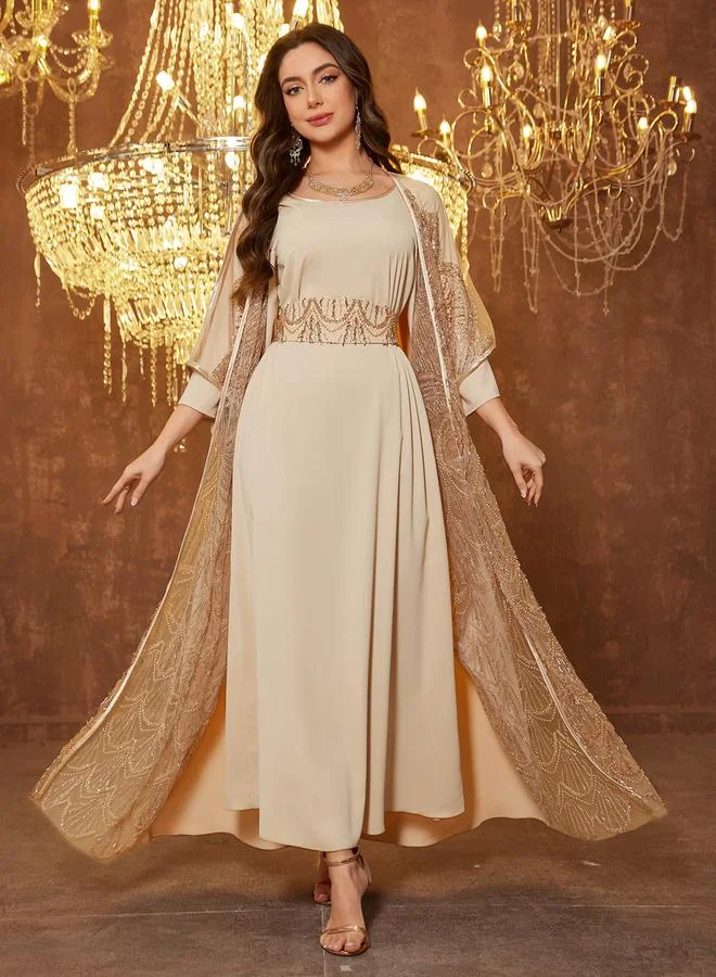 SUPGIR Beige Embellished Kimono with Inner Dress Co-Ords