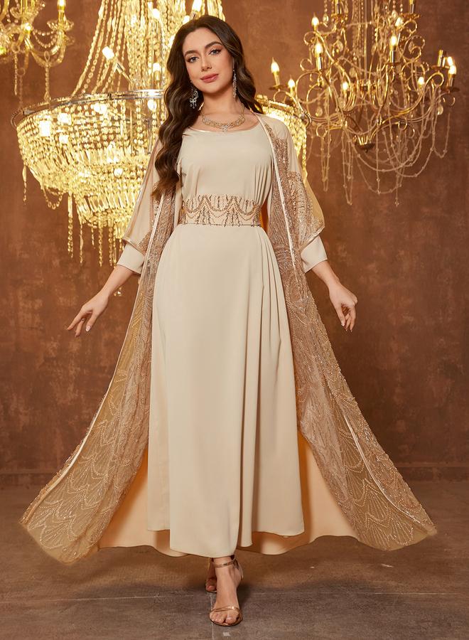 SUPGIR Beige Embellished Kimono with Inner Dress Co-Ords - Image 2