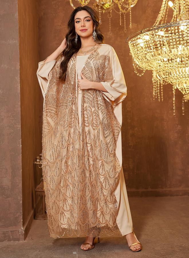SUPGIR Beige Embellished Kimono with Inner Dress Co-Ords - Image 1