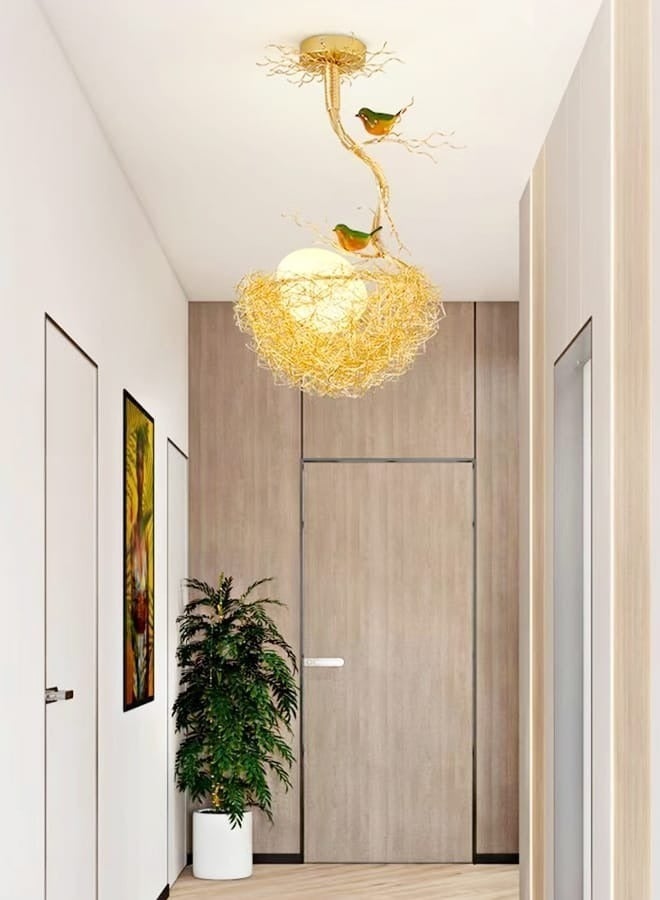 fashionhome 1-Piece Creative Woven Nest Design Chandelier Aluminium and Glass Pendent Light with Birds LED Hanging Ceiling Light Fixture for Dining Room Living Room Restaurant Home Office 33x49 cm - Image 1