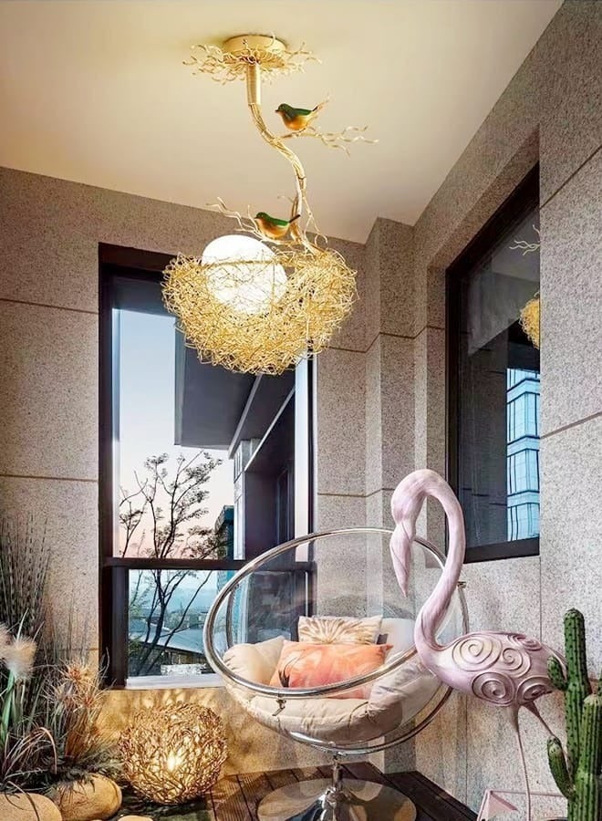 fashionhome 1-Piece Creative Woven Nest Design Chandelier Aluminium and Glass Pendent Light with Birds LED Hanging Ceiling Light Fixture for Dining Room Living Room Restaurant Home Office 33x49 cm - Image 3