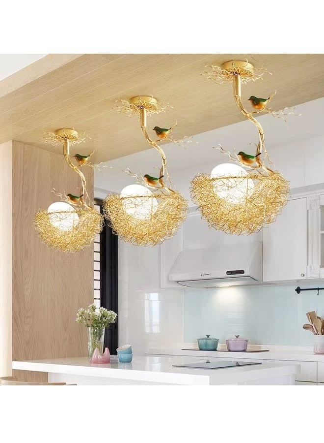 fashionhome 1-Piece Creative Woven Nest Design Chandelier Aluminium and Glass Pendent Light with Birds LED Hanging Ceiling Light Fixture for Dining Room Living Room Restaurant Home Office 33x49 cm - Image 2