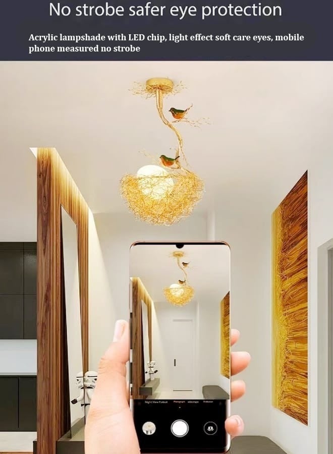 fashionhome 1-Piece Creative Woven Nest Design Chandelier Aluminium and Glass Pendent Light with Birds LED Hanging Ceiling Light Fixture for Dining Room Living Room Restaurant Home Office 33x49 cm - Image 4