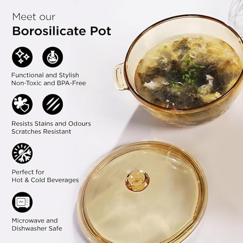 Wringo 1000 ML Amber Deep Round Glass Casserole Oven and Microwave Safe Serving Bowl with See Through Top Lid -Mixing Bowl for Snacks, Cereals, Rice, Sambar, Salad (Brwon - 1000ML, Set of 1) - Image 5