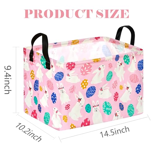 DUYIY Rectangle Gift Storage Basket Home Shelf Storage Basket Organizer Box Clothes Laundry Hamper Nursery Basket Laundry Basket with Handles Pink WhiteBunny - Image 3