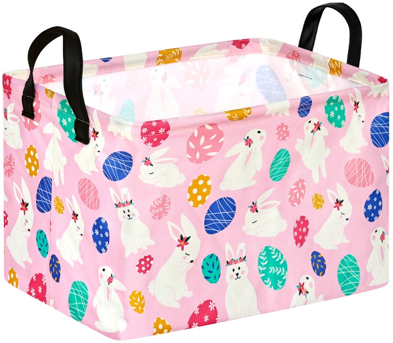 DUYIY Rectangle Gift Storage Basket Home Shelf Storage Basket Organizer Box Clothes Laundry Hamper Nursery Basket Laundry Basket with Handles Pink WhiteBunny - Image 2