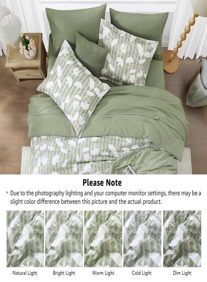 BLOOMHAVEN Full Comforter Set -7 Pieces Sage Green Floral Comforter Set Full for All Seasons, Bed in a Bag Full with Botanical Flowers Comforter, Sheets, Pillowcases & Shams - Image 4