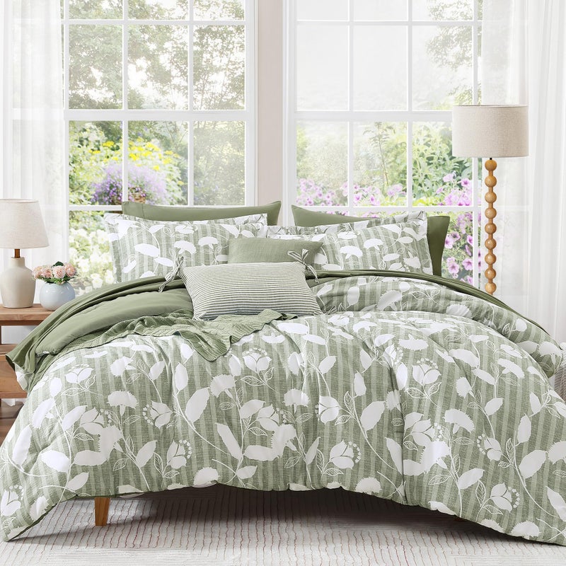 BLOOMHAVEN Full Comforter Set -7 Pieces Sage Green Floral Comforter Set Full for All Seasons, Bed in a Bag Full with Botanical Flowers Comforter, Sheets, Pillowcases & Shams - Image 1