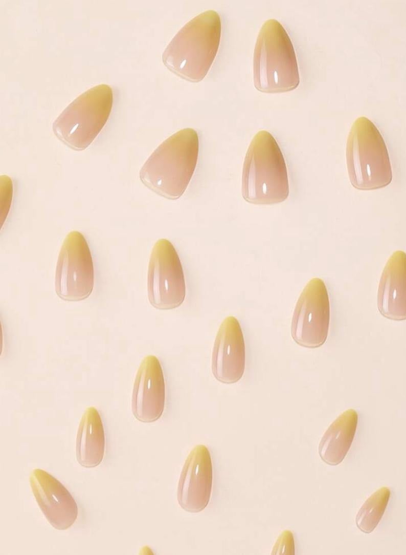 Tuline 24 Pieces Of Short Oval Nude Color Gradient Lemon Yellow Press On Nails - Image 3