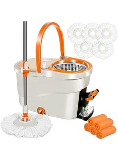 Spin Mop and Buckets Sets, Microfibre Flat Mop Bucket with Foot Pedal, Telescopic Handle & 5 Reusable Pads for Hardwood Laminate Tile Floors - Send 5 Cleaning Cloths