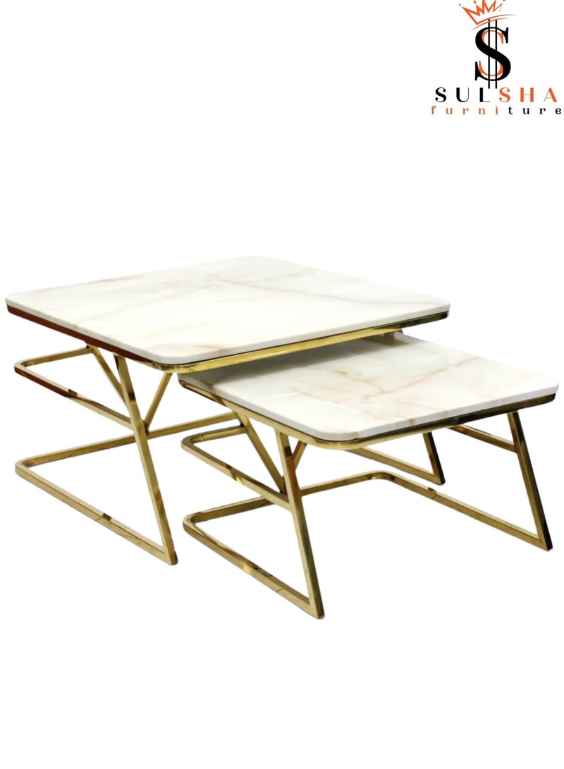 SULSHA Latest Design Modern Gold Metal Square Coffee Table White Marble Top Metal Tea Table Living Room Luxury Marble Center Table - Image 1