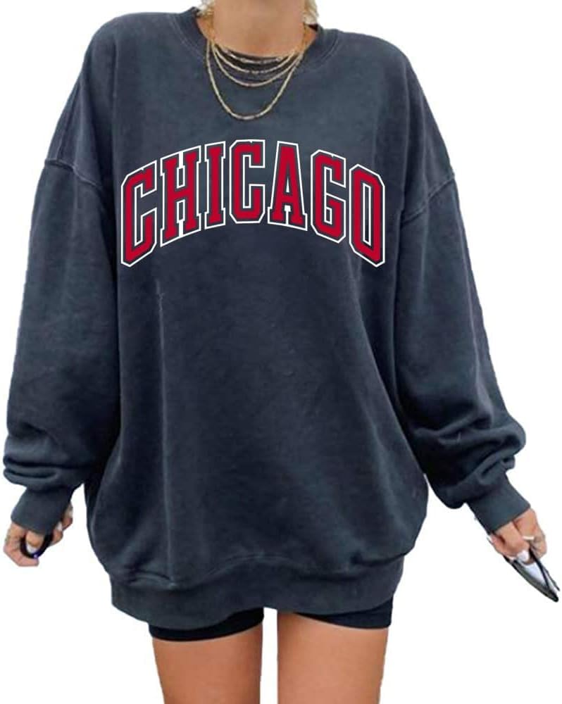 Langwyqu Women's Oversized Sweatshirt CHICAGO Crewneck Long Sleeve Casual Loose Pullover Tops - Image 1