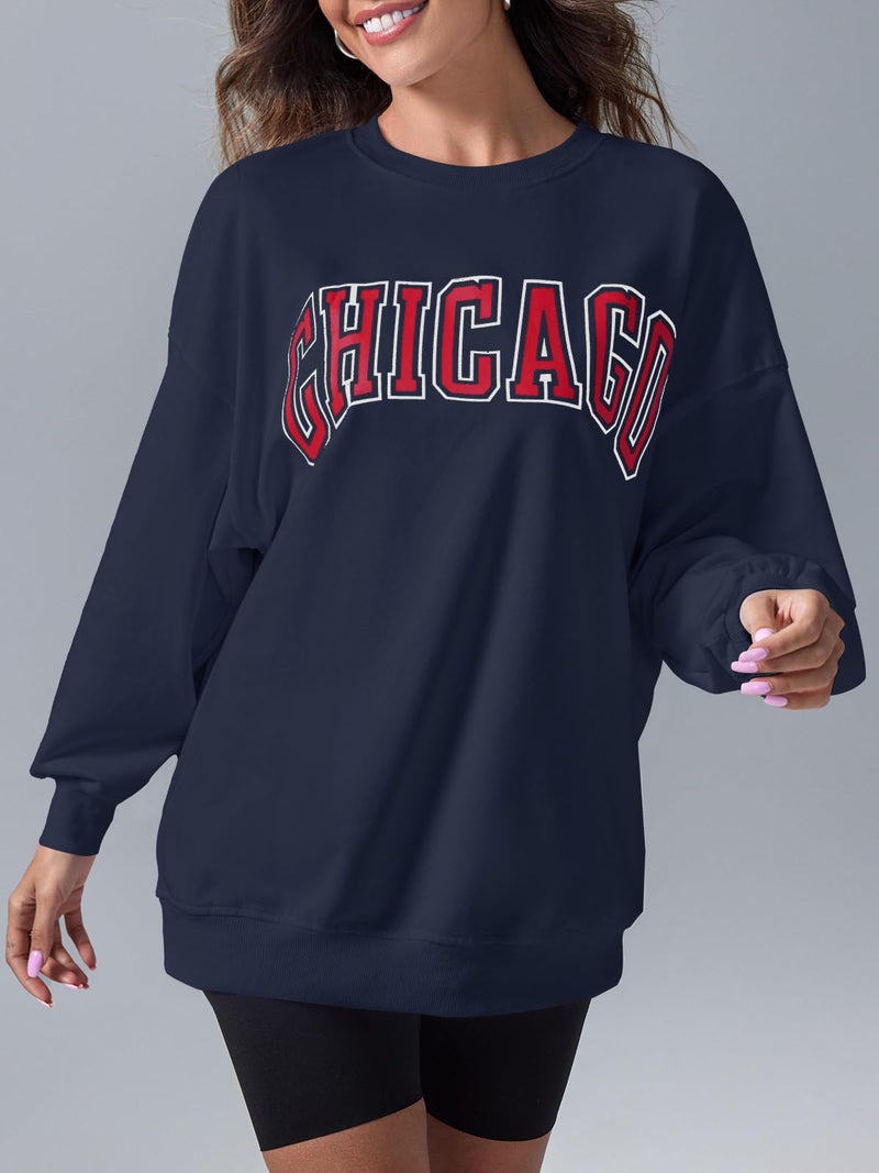 Langwyqu Women's Oversized Sweatshirt CHICAGO Crewneck Long Sleeve Casual Loose Pullover Tops - Image 3