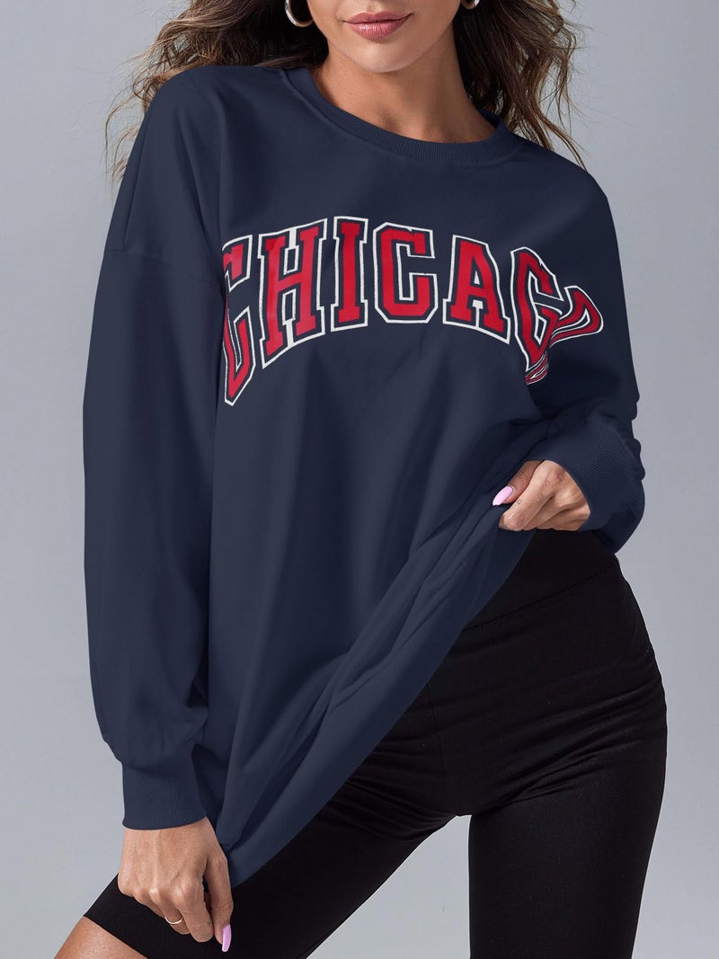Langwyqu Women's Oversized Sweatshirt CHICAGO Crewneck Long Sleeve Casual Loose Pullover Tops - Image 2