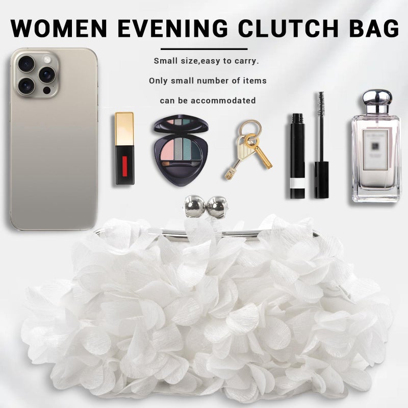 JAMBHALA Women Elegant Evening Purse, Small Floral Clutch Bag with Detachable Chain for Wedding, Party, Prom (White) - Image 4