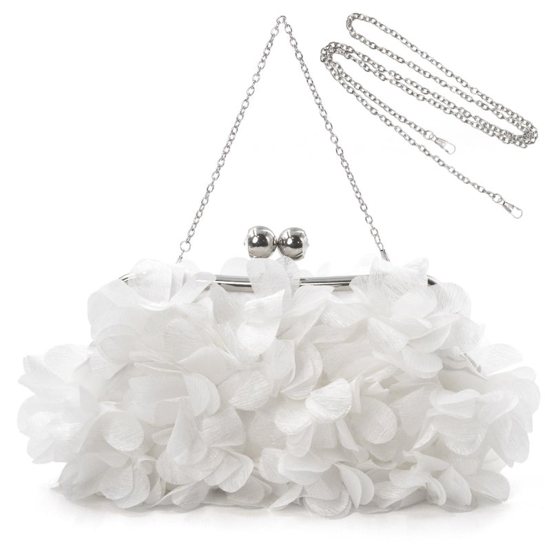 JAMBHALA Women Elegant Evening Purse, Small Floral Clutch Bag with Detachable Chain for Wedding, Party, Prom (White) - Image 1