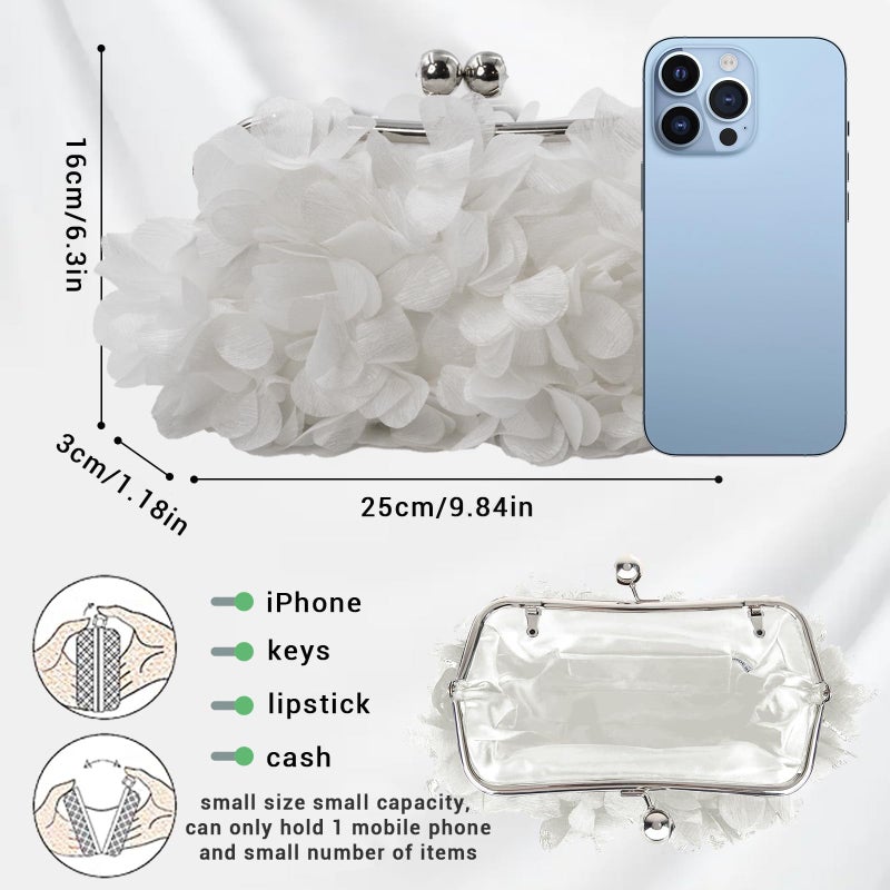 JAMBHALA Women Elegant Evening Purse, Small Floral Clutch Bag with Detachable Chain for Wedding, Party, Prom (White) - Image 5