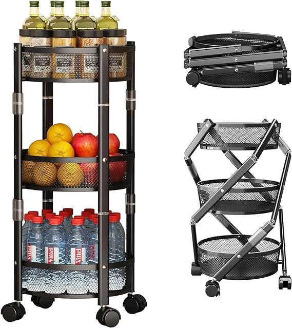 TRADY 3Tier Metal Kitchen Rotating Trolley Storage Rolling Cart Kitchen Storage Rack Kitchen Organizer Items Vegetable Fruit Basket Stand for Storage Onion Potato Rack Black - Image 1