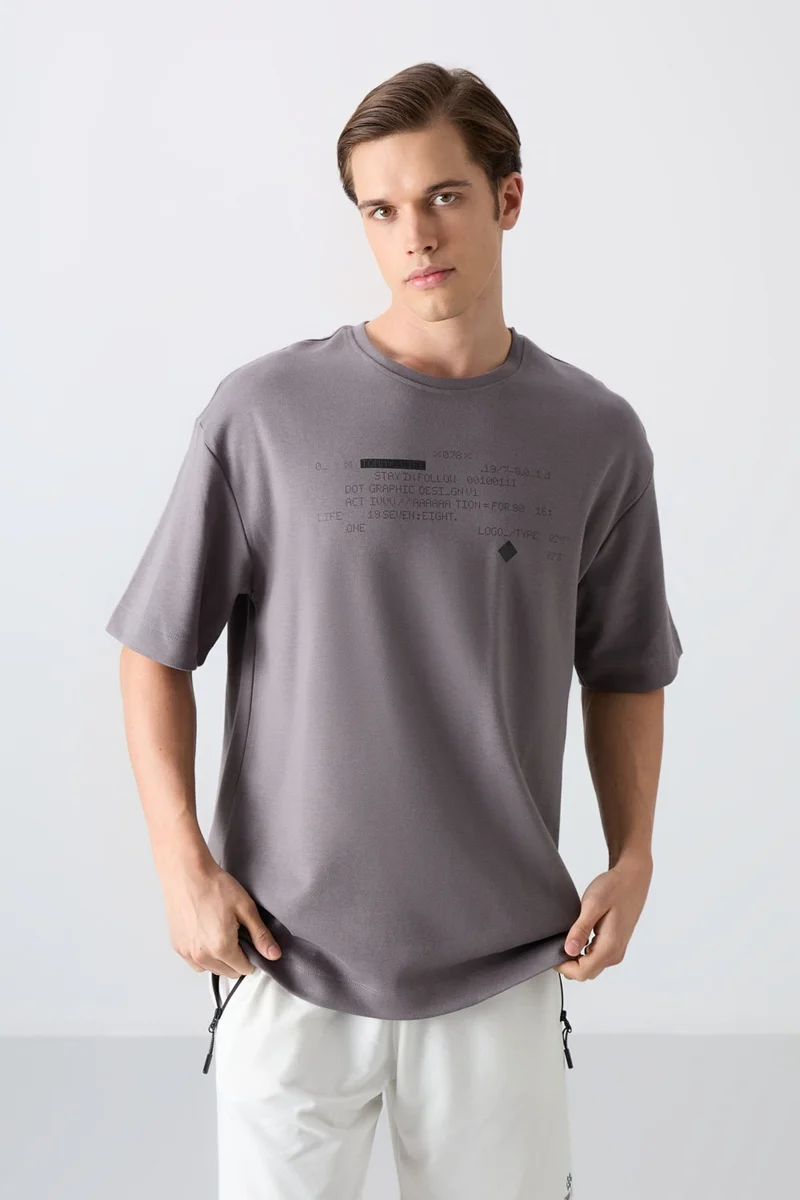 Tommy Life Dark Grey Cotton Thick Soft Texture Oversize Fit Printed Men's T-Shirt - 88326