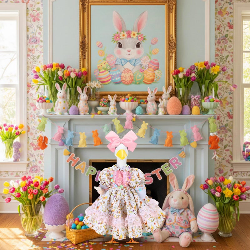 Abbylike 1 Set Easter Bunny Porch Goose Outfit Rabbit Yard Goose Costume Clothes with Bow Headband Fits Large 23'' H Cement for Easter Day Outdoor Patio Garden Lawn Pathway Spring Statue Decor - Image 5