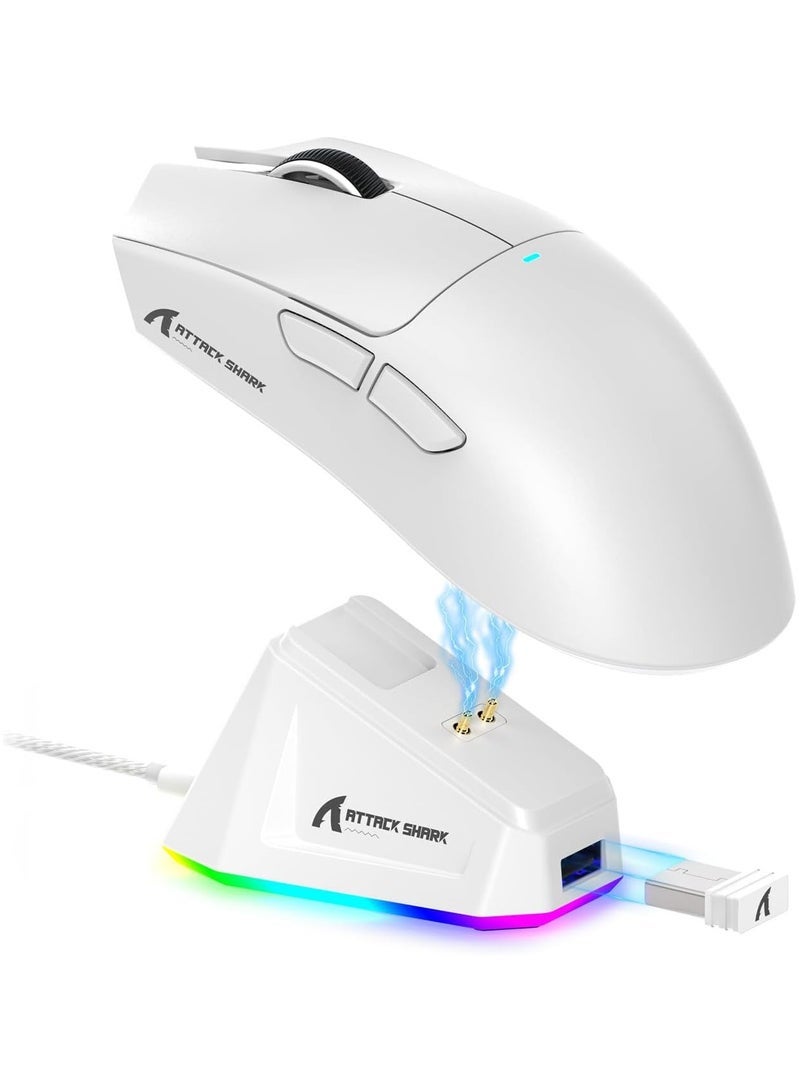 ATTACK SHARK X11 Tri-Mode Gaming Mouse - Wired, 2.4GHz Wireless, Bluetooth - 22000 DPI PixArt PAW3311 Sensor - RGB Backlight - Magnetic Charging Dock - Lightweight & Ergonomic Design - For PC, Laptop, Mac, Xbox, PS (White) - Image 1