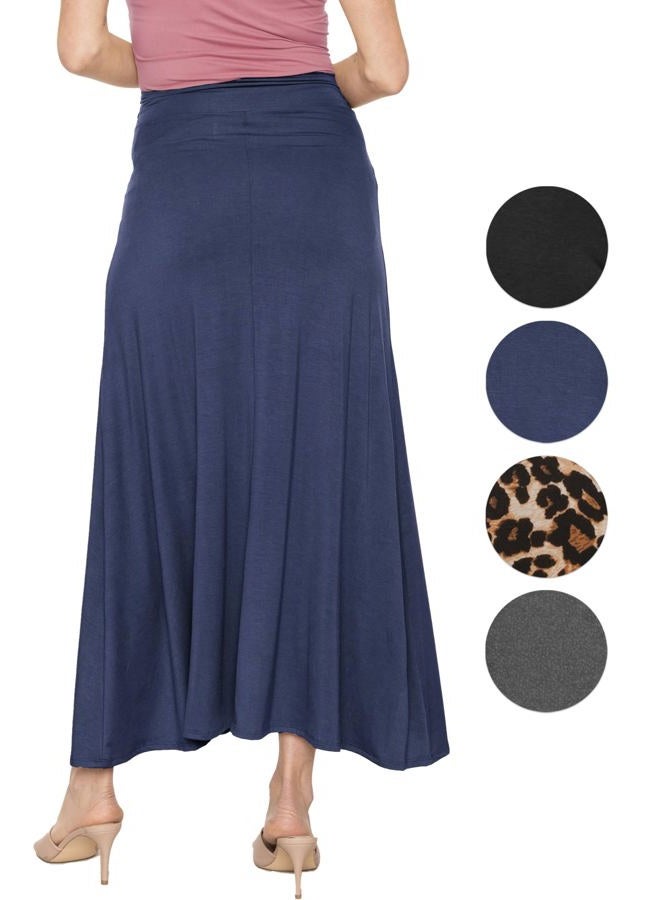 STRETCH IS COMFORT Women's Knee Length Ruched Waist Flowy Skirt Navy Blue Large - Image 3