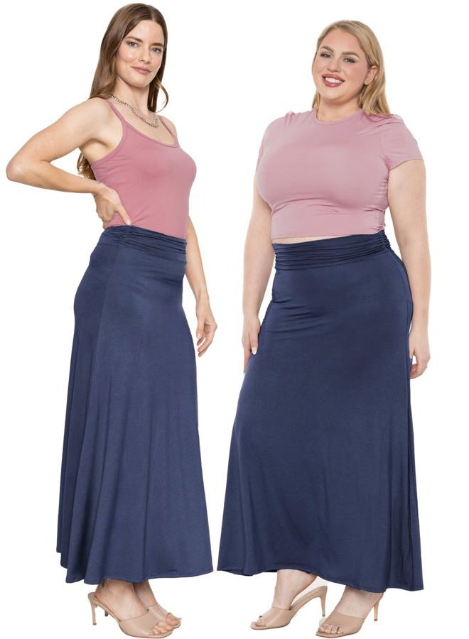 STRETCH IS COMFORT Women's Knee Length Ruched Waist Flowy Skirt Navy Blue Large - Image 2