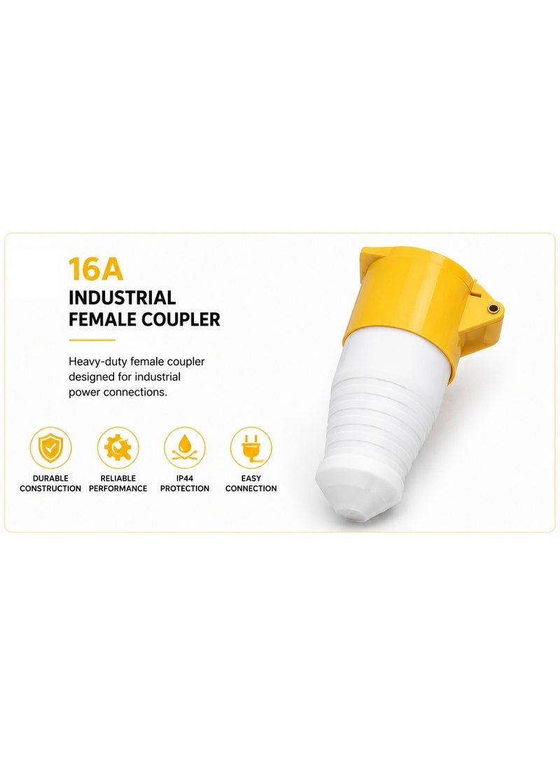 16A 3-Pin Industrial Female Coupler, Yellow 110–130V 2P+E Cable Socket, IP44 Splash-Resistant Electrical Connector for Generator, Workshop & Construction Use - Image 2
