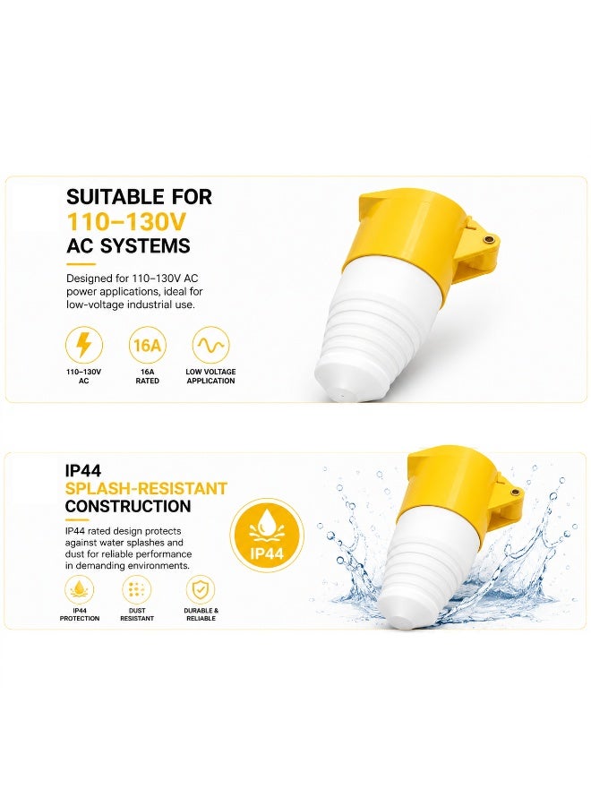 16A 3-Pin Industrial Female Coupler, Yellow 110–130V 2P+E Cable Socket, IP44 Splash-Resistant Electrical Connector for Generator, Workshop & Construction Use - Image 3