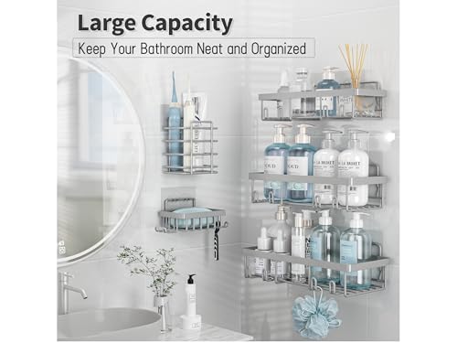 Liuoud 5 Pack Shower Caddy Organizer Rack Shelf for Inside Shower, Self Adhesive Bathroom Wall Storage Basket Rustproof Stainless Steel Large Capacity Shampoo Holder, Grey - Image 2