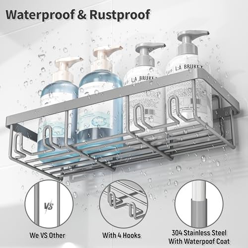 Liuoud 5 Pack Shower Caddy Organizer Rack Shelf for Inside Shower, Self Adhesive Bathroom Wall Storage Basket Rustproof Stainless Steel Large Capacity Shampoo Holder, Grey - Image 3