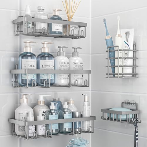Liuoud 5 Pack Shower Caddy Organizer Rack Shelf for Inside Shower, Self Adhesive Bathroom Wall Storage Basket Rustproof Stainless Steel Large Capacity Shampoo Holder, Grey - Image 1