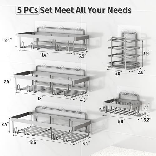 Liuoud 5 Pack Shower Caddy Organizer Rack Shelf for Inside Shower, Self Adhesive Bathroom Wall Storage Basket Rustproof Stainless Steel Large Capacity Shampoo Holder, Grey - Image 5