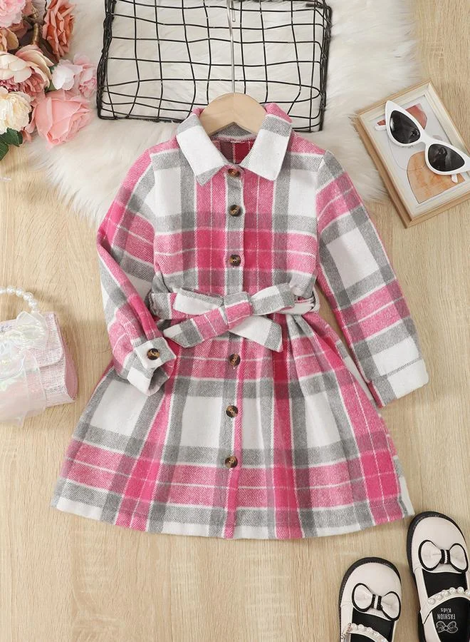 Take Two Girl's Checked Button Up Belted Long Sleeve Dress