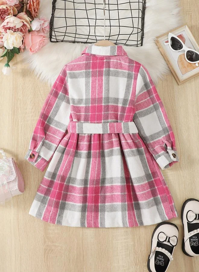 Take Two Girl's Checked Button Up Belted Long Sleeve Dress