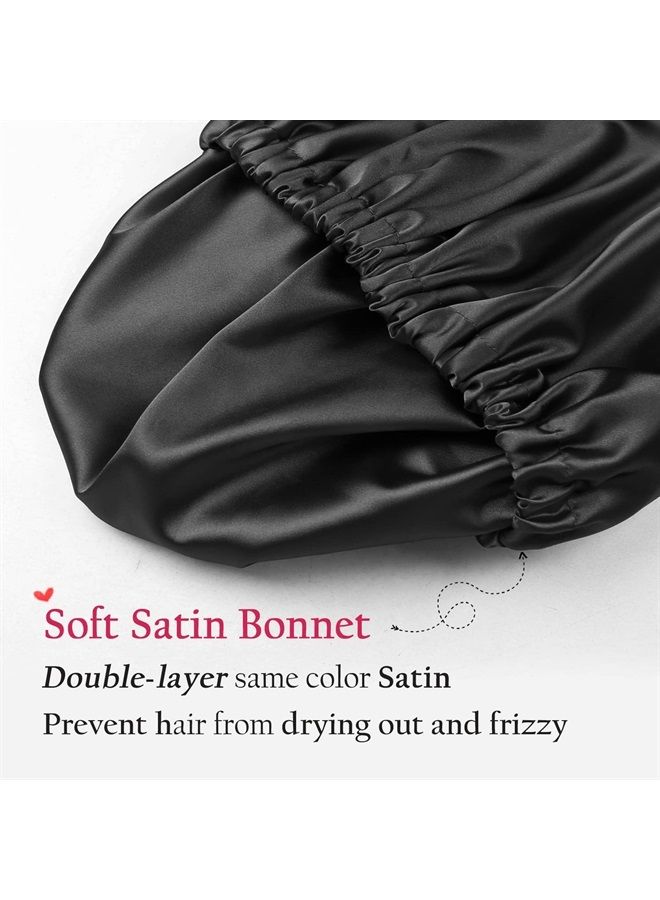 Satin Sleep Cap Double-Sided Adjustable Hair Bonnet for Girls Black