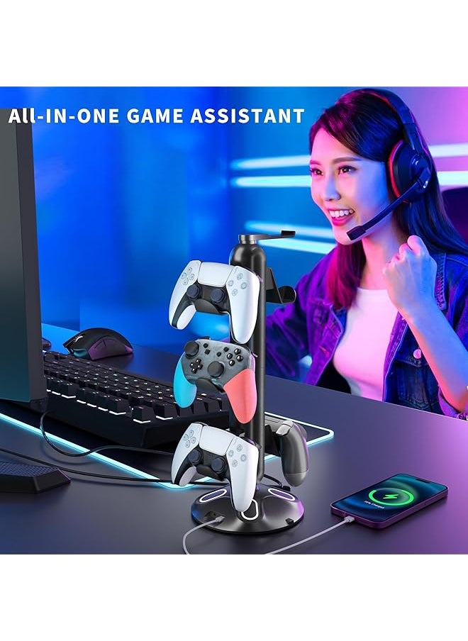 erorex - Gaming Rgb Headphone Stand Controller Holder With 9 Light Modes Headset Stand With 2 Usb Charging Ports And 3.5Mm & Type C Controller Stand Hanger Accessories For Desk And Gamer 1 Pcs Black - Image 1