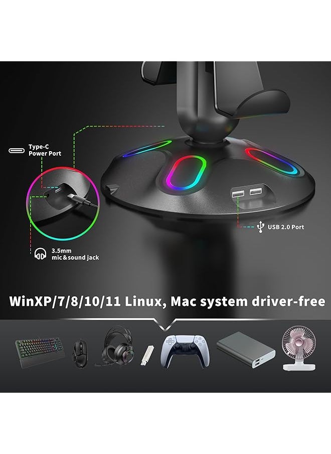 erorex - Gaming Rgb Headphone Stand Controller Holder With 9 Light Modes Headset Stand With 2 Usb Charging Ports And 3.5Mm & Type C Controller Stand Hanger Accessories For Desk And Gamer 1 Pcs Black - Image 1