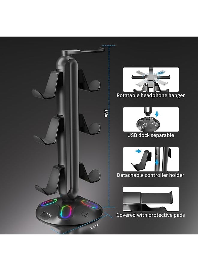 erorex - Gaming Rgb Headphone Stand Controller Holder With 9 Light Modes Headset Stand With 2 Usb Charging Ports And 3.5Mm & Type C Controller Stand Hanger Accessories For Desk And Gamer 1 Pcs Black - Image 1